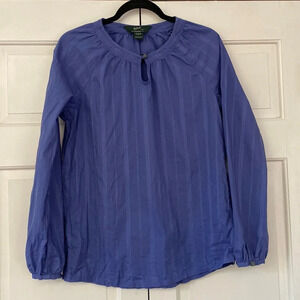 Woolrich Periwinkle Cotton Blouse Stripe Knit Keyhole Boho Top Size Small Long S